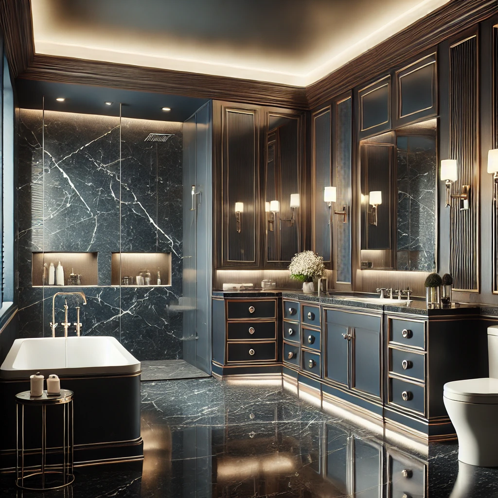 DALL·E 2024-12-09 13.00.25 - A luxurious and modern bathroom designed with the same dark navy-blue color palette as a sophisticated kitchen. Features include polished wood cabinet