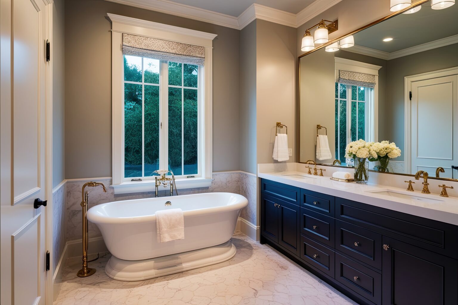 Luxury Bathroom Design Featuring Elegant Soaking Tub and Stylish Vanity Unit